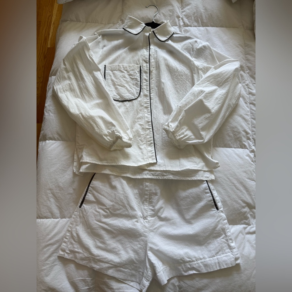 White linen, balloon sleeve Women's Set with Black Trim